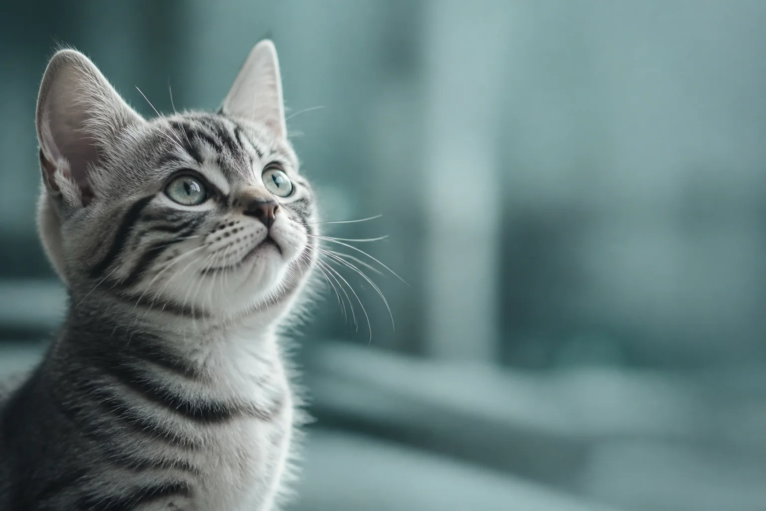 Gato cinza e branco olhando para cima